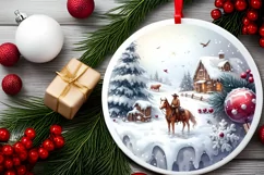 Winter Scene with Cowboy Round Ornament Sublimation PNG Product Image 2