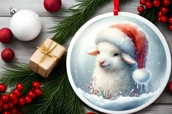 Watercolor Winter Scene Lamb Santa Hat Ornament PNG Product Image 2