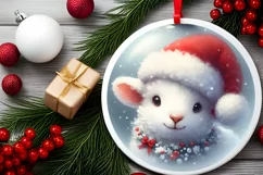 Watercolor Winter Scene Lamb Santa Hat Ornament PNG Product Image 2