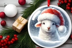 Watercolor Winter Scene Lamb Santa Hat Ornament PNG Product Image 2