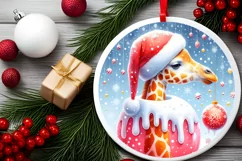 Watercolor Winter Scene Giraffe Santa Hat Ornament PNG Product Image 1