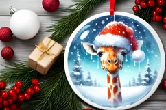 Watercolor Winter Scene Giraffe Santa Hat Ornament PNG Product Image 2
