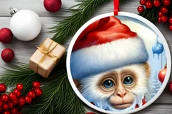 Watercolor Winter Scene Monkey Santa Hat Ornament PNG Product Image 1