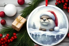 Watercolor Winter Scene Otter Santa Hat Ornament PNG Product Image 2