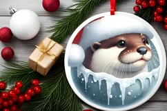 Watercolor Winter Scene Otter Santa Hat Ornament PNG Product Image 2