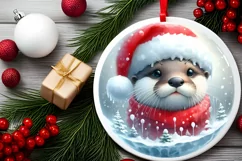 Watercolor Winter Scene Otter Santa Hat Ornament PNG Product Image 2