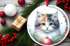 Colorfull Pastel Watercollor Cat Round Ornament Christmas Product Image 1