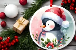 Colorfull Pastell Watercollor Penguin Round Ornament Product Image 1