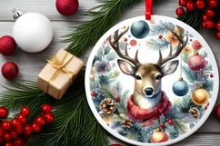 Colorfull Watercollor T Rein Deer Round Ornament Christmas Product Image 2