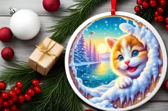 Kitten in Snow Wall Round Ornament Sublimation PNG Product Image 1