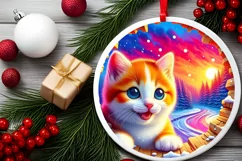 Kitten in Snow Wall Round Ornament Sublimation PNG Product Image 1