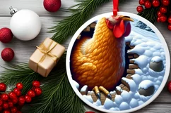 Chicken in Snow Wall Round Ornament Sublimation PNG Product Image 2