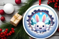 Snow Bunny Smiling Through Hole Round Ornament PNG Product Image 2