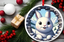 Snow Bunny Smiling Through Hole Round Ornament PNG Product Image 2