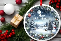 Winter Scene with Merry Christmas Round Ornament Sublimation Product Image 2