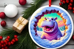 Snow Hippo Smiling Through Hole Round Ornament PNG Product Image 1