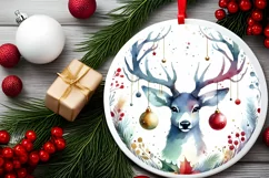 Colorful Watercolor Christmas Reindeer Ornament PNG Product Image 1