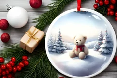 Winter Scene with Teddy Bear Round Sticker Ornament Product Image 2