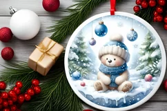 Winter Scene with Teddy Bear Round Sticker Ornament Product Image 2