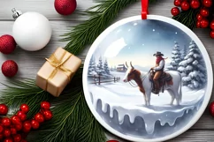 Winter Scene with Cow Boy Round Sticker Ornament Sublimation Product Image 2
