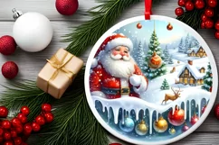 Winter Scene with Santa Round Sticker Ornament Sublimation Product Image 2