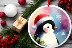 Colorful Christmas Penguin Round Ornament Sublimation PNG Product Image 1