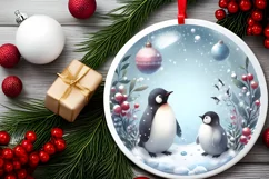Winter Scene with Penguins Round Ornament Sublimation PNG Product Image 2