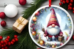 Colorful Christmass Gnome Round Ornament Sublimation PNG Product Image 1