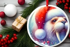 3D Walrus Portrait with Santa Hat Round Ornament Sublimation Product Image 2