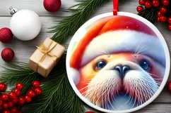 3D Walrus Portrait with Santa Hat Round Ornament Sublimation Product Image 2