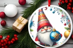 Colorful Christmas Gnome Round Ornament Sublimation PNG Product Image 1