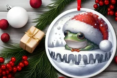 3D Frog Portrait with Santa Hat Round Ornament Sublimation Product Image 1