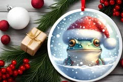 3D Frog Portrait with Santa Hat Round Ornament Sublimation Product Image 1