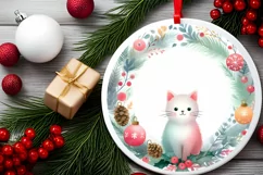 Colorful Christmas Cat Round Ornament Sublimation PNG Product Image 1