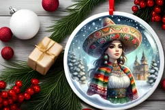 Winter Scene with Mexican Person Round Sticker Ornament Product Image 2