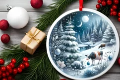 Cow Winter Scene Round Ornament Sublimation PNG Product Image 1