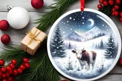 Cow Winter Scene Round Ornament Sublimation PNG Product Image 2