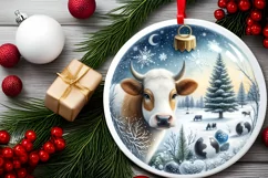 Cow Winter Scene Round Ornament Sublimation PNG Product Image 2