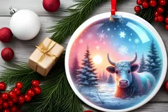 Colorful Winter Scene Cow Boy Ornament Sublimation PNG Product Image 2