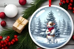 Colorful Winter Scene Cow Boy Round Ornament Sublimation PNG Product Image 2