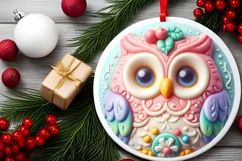 3D Christmas Owl Round Ornament Sublimation PNG Product Image 2