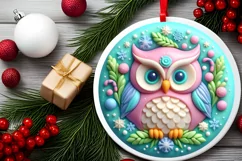 3D Christmas Owl Round Ornament Sublimation PNG Product Image 2