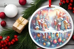 Colorful Winter Scene with Town Round Ornament Sublimation Product Image 2