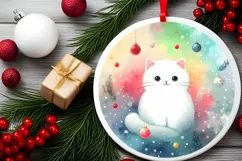 Colorful Christmas Cat Round Ornament Sublimation PNG Product Image 2