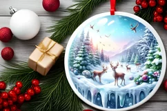 Winter Scene with Reindeer Round Ornament Sublimation PNG Product Image 2