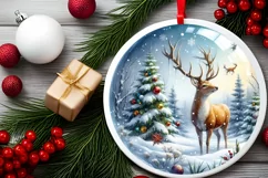 Winter Scene with Reindeer Round Ornament Sublimation PNG Product Image 2