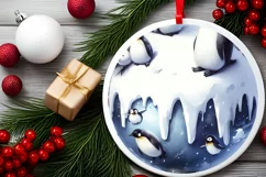 Winter Scene with Penguins Round Ornament Sublimation PNG Product Image 2