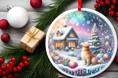 Winter Scene with Cow and Dog Round Ornament Sublimation PNG Product Image 2