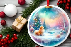 Winter Scene with Cow and Dog Round Ornament Sublimation PNG Product Image 2