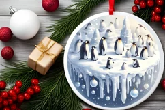Winter Scene with Penguins Round Ornament Sublimation PNG Product Image 2